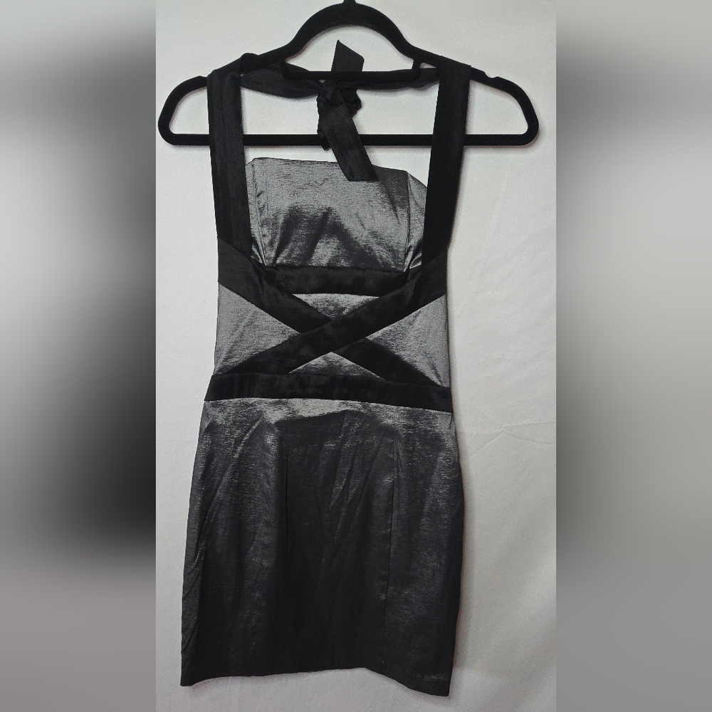 Jessica McClintock Y2K Women's 8 Black/Silver Metallic Bodycon Party Mini Dress